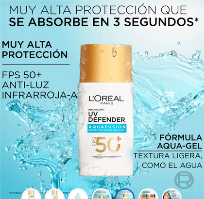 L'Oréal Paris 50 SPF bloqueador solar en gel ligero anti luz infrarroja con textura como el agua UV Defender Aquafusion